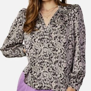 Current Air Jacquard Paisley Vneck Satin Blouse In Pink Purple Black- Medium